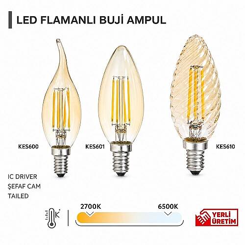 K2 4W E14 Flamanlı Buji Ampul 2700K 10'lu Paket KES610 - 3