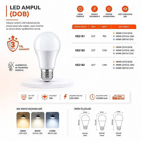 K2 A60 E27 14W DOB Ampul 3000K 10'lu Paketli KES182 - 4
