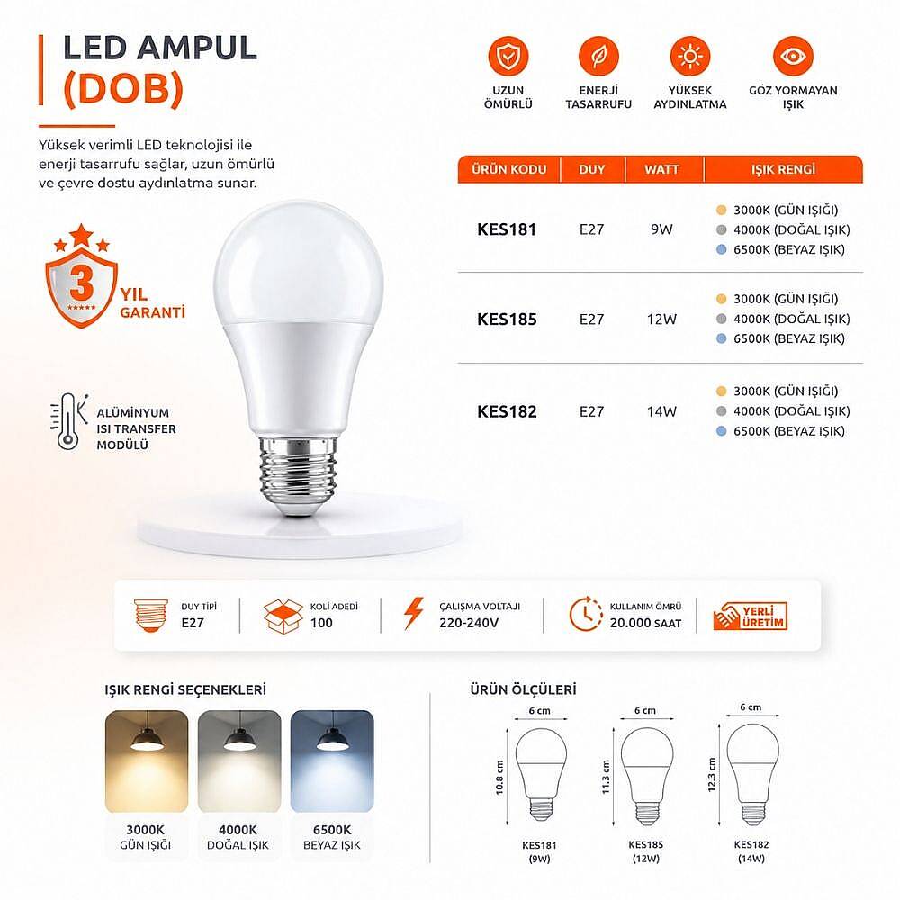 K2 A60 E27 14W DOB Ampul 3000K 10'lu Paketli KES182 - 4
