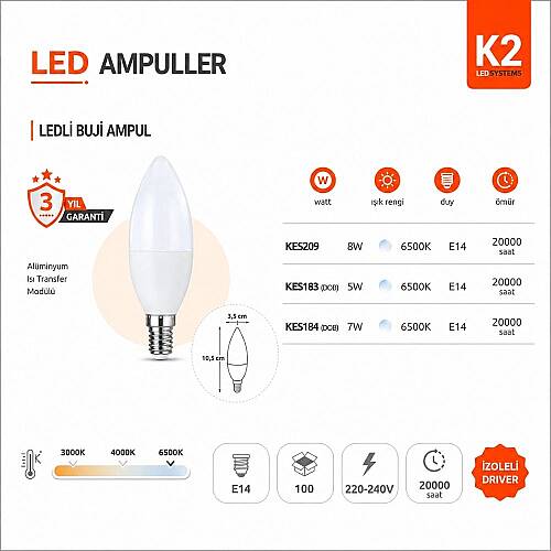 K2 E14 5W DOB Buji Ampul 3000K 10'lu Paket Aydınlatma KES183 - 4