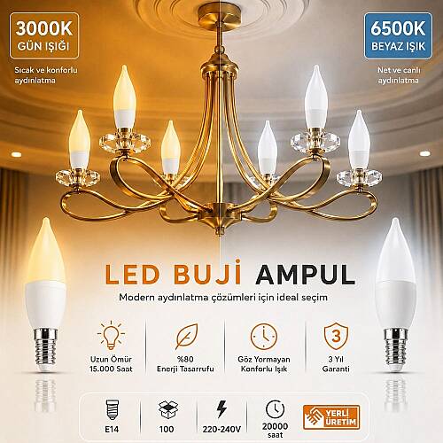 K2 E14 5W Kıvrık Buji Ampul 3000K 10'lu Paket KES206 - 3