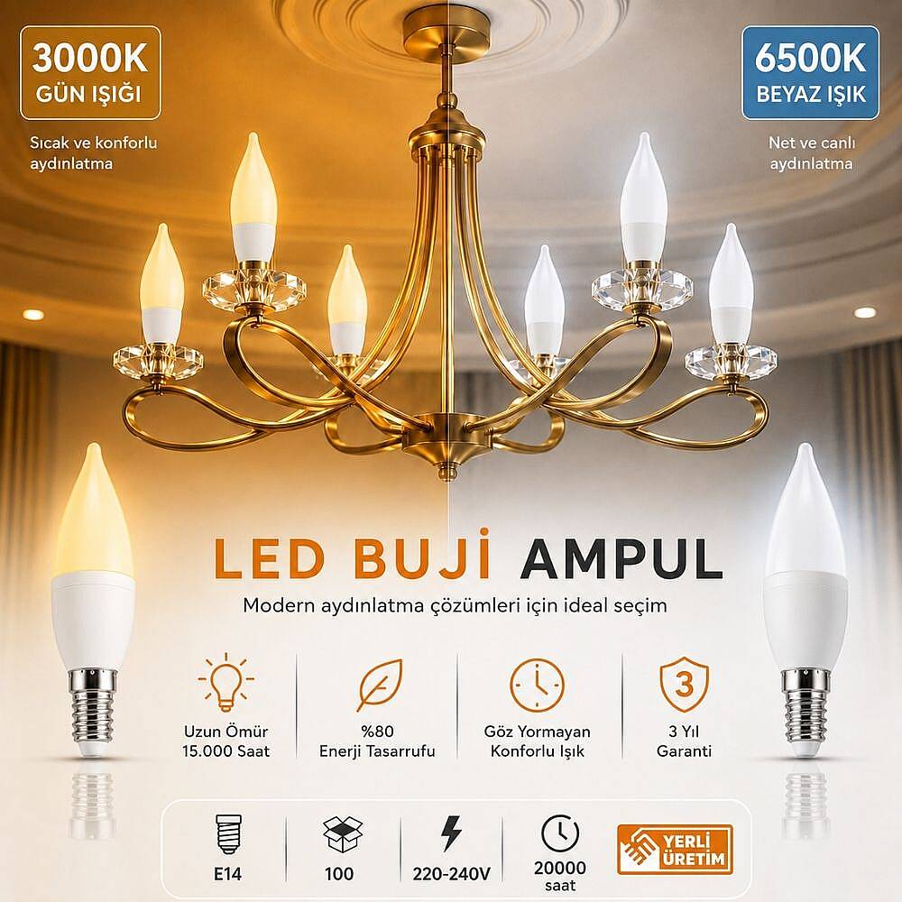 K2 E14 5W Kıvrık Buji Ampul 3000K 10'lu Paket KES206 - 3