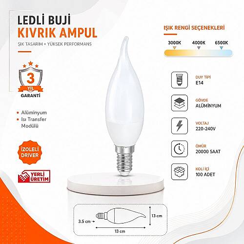 K2 E14 7W Kıvrık Buji Ampul 3000K 10'lu Paket KES210 - 4