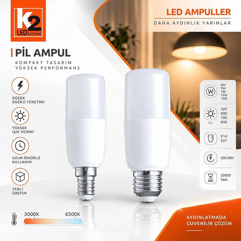 K2 E14 9W Pil Ampul 3000K 630 lm Aydınlatma 1 Paket KES192 - 3