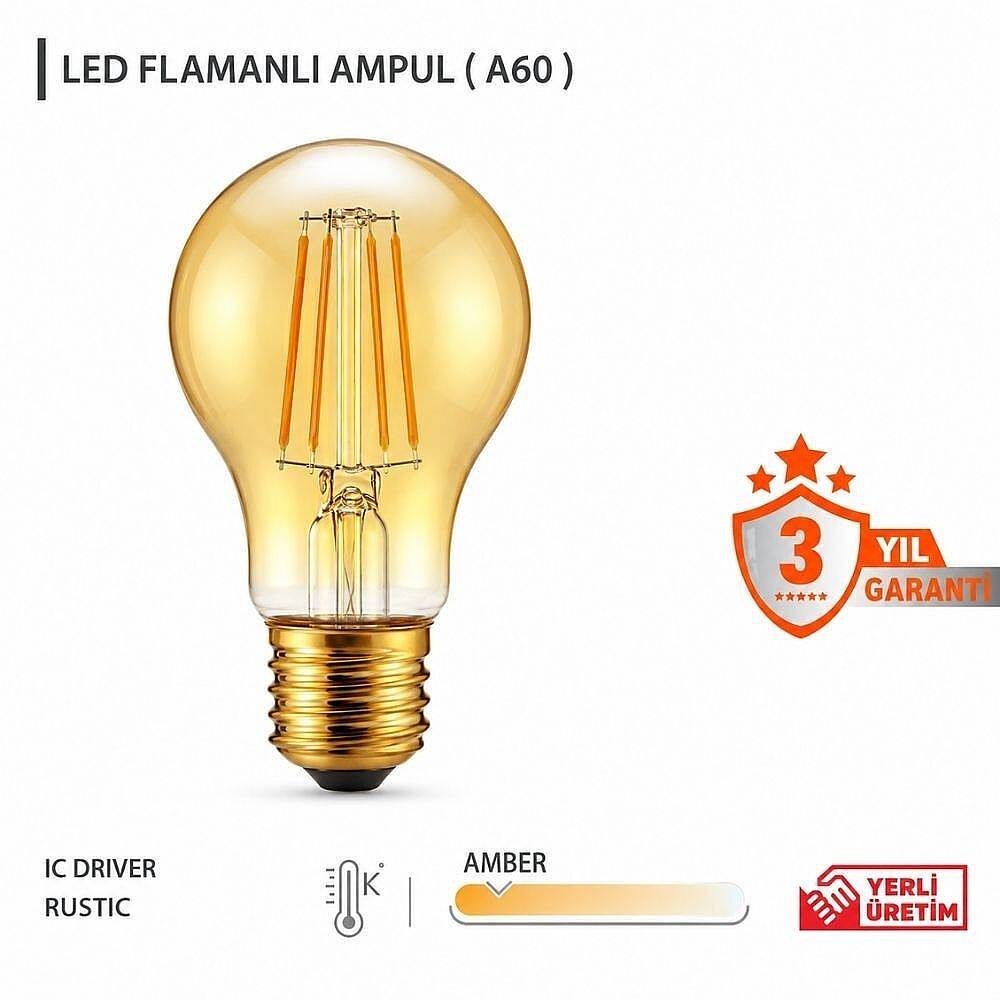 K2 E27 6W A60 Flamanlı Rustik Ampul Amber 5'li KES603 - 3