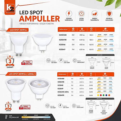 K2 G5.3 7W Spot Ampul 3000K 10'lu Paket Aydınlatma KES047B - 4