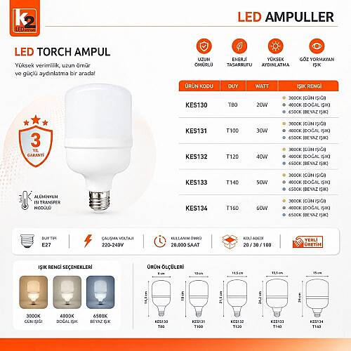 K2 T100 E27 30W Torch Ampul 6500K 5'li Paket KES131 - 4